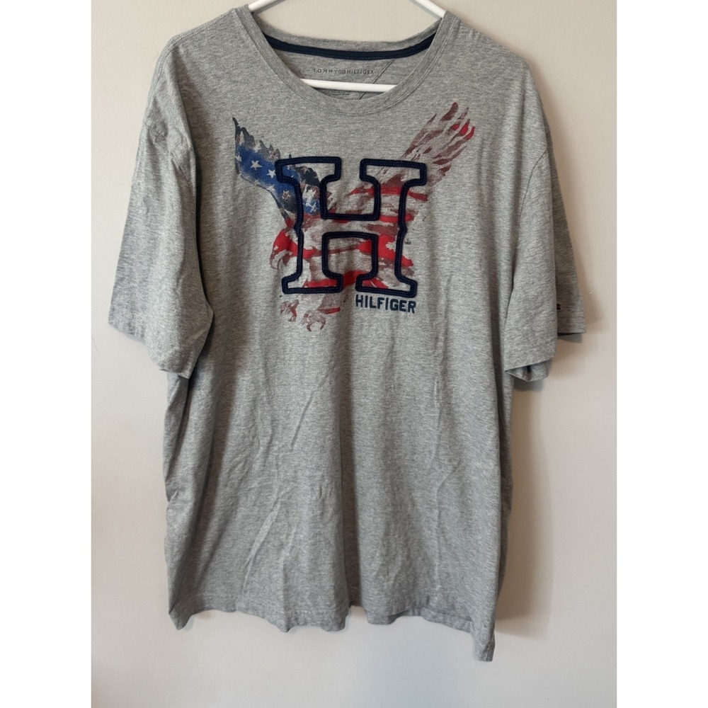Y2K Tommy Hilfiger T Shirt Size XXL 2XL Grey- American flag- Eagle- Patriotic